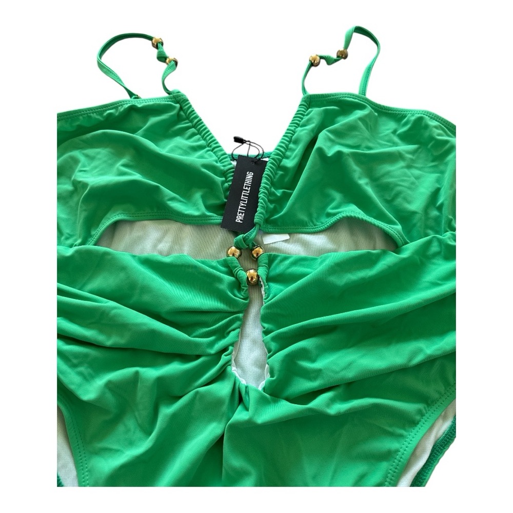 NWT | PrettyLittleThing Plus Green Bead Detail Ruched Cut Out Swimsuit - Picture 3 of 9
